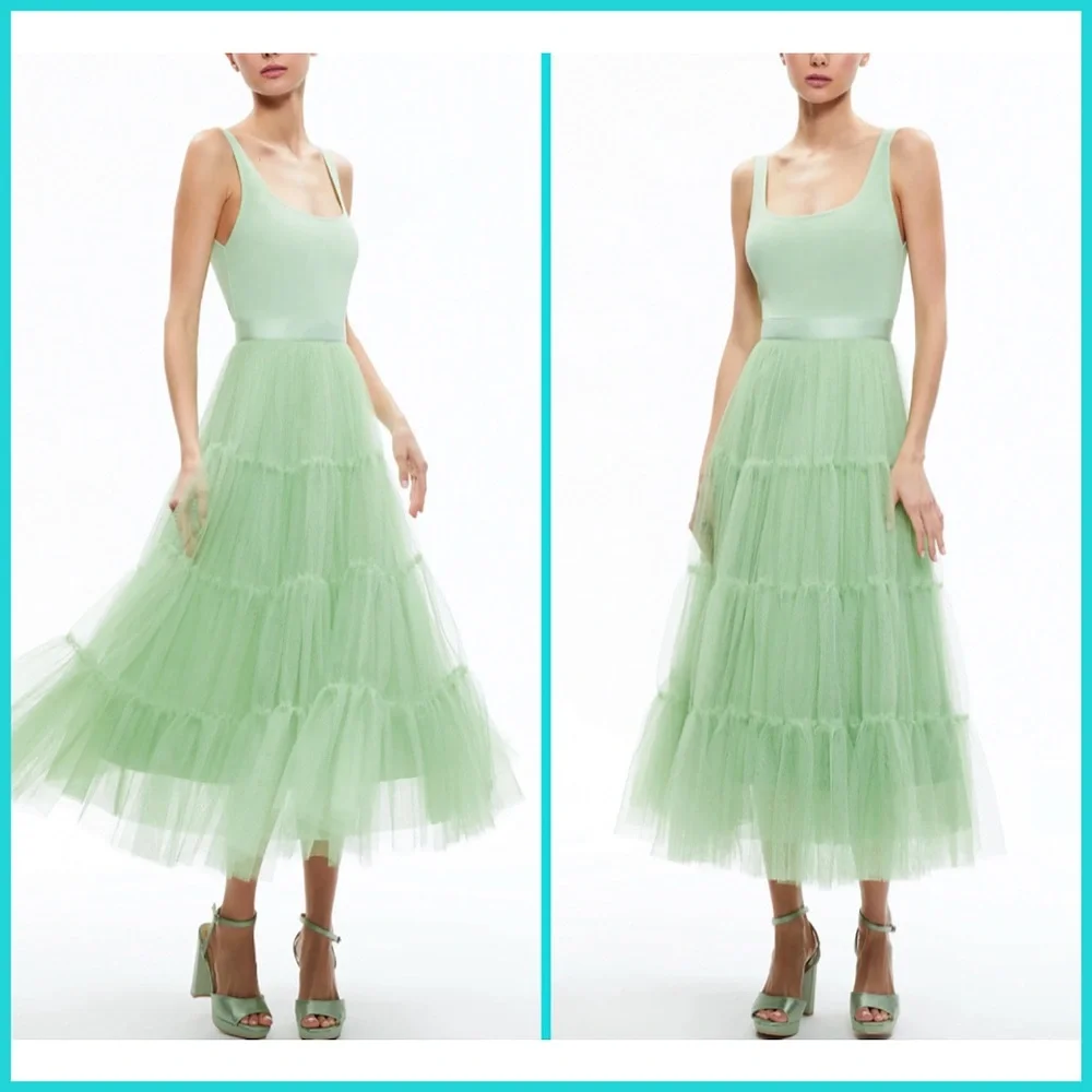 Alice + Olivia Chara Scoop Neck Green Tulle Midi Dress - Picture 5 of 16